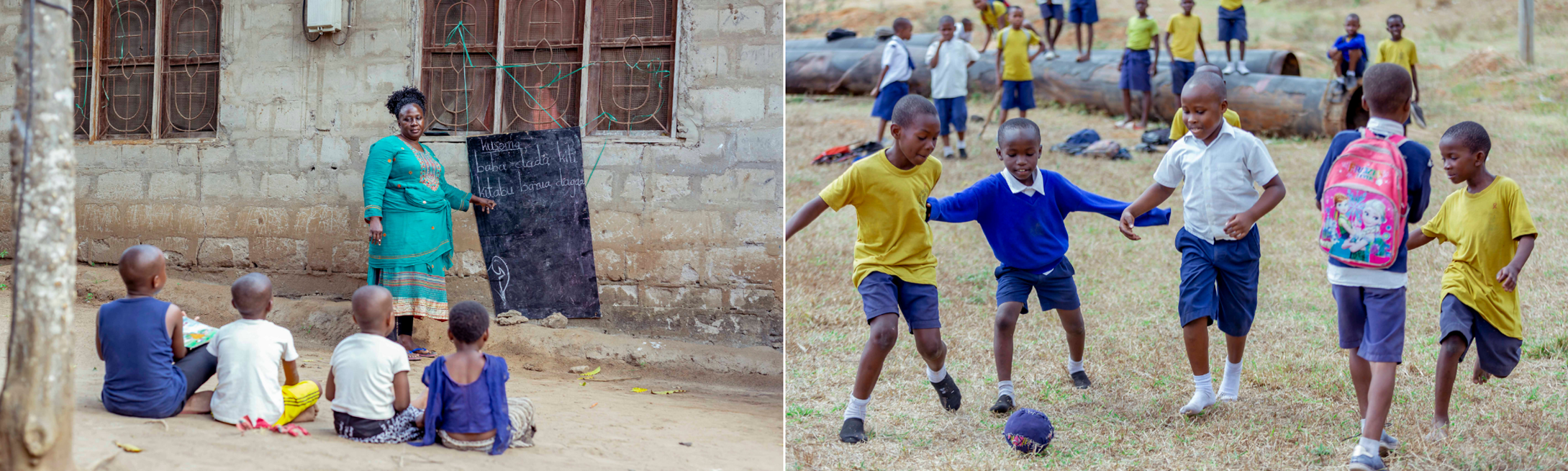 Left: “Emmaculata teaches Swahili outside Joshua’s home.” Right: “Joshua plays football with his friends from Grade 3 and 4. The group uses a locally made ball.”